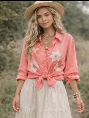 Susan Graver Pink Floral Appliqué Linen Blend Button Shirt L Coastal Cottagecore